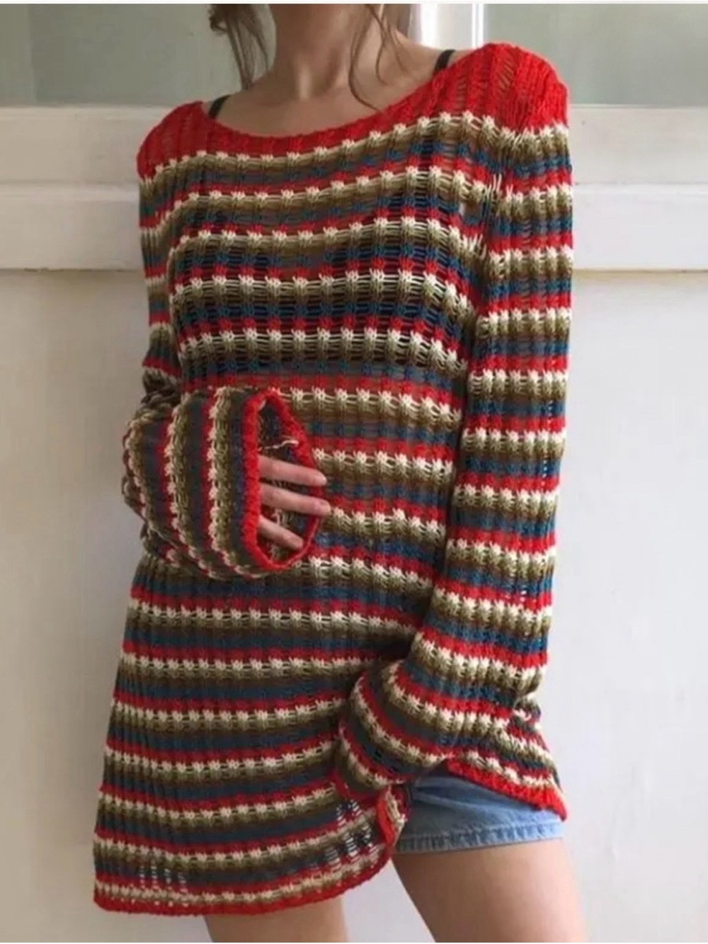 Zara Relaxed Fit Striped Crochet Open-Knit Tunic Sweater Size Small